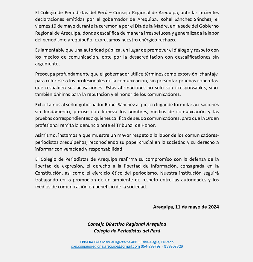 Pronunciamiento del cpp cra frente a calificativos de gobernador